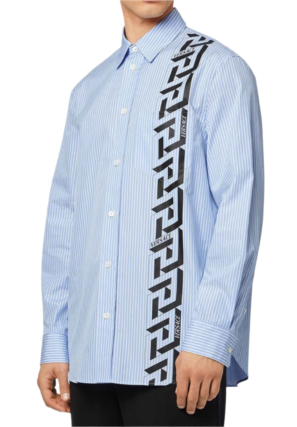 Versace White-Blue La Greca Striped Shirt