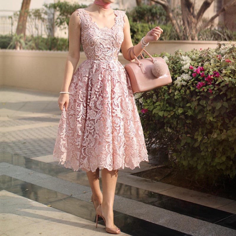 Vintage V Neck Tea Length Lace Wedding Guest Dresses-alinanova