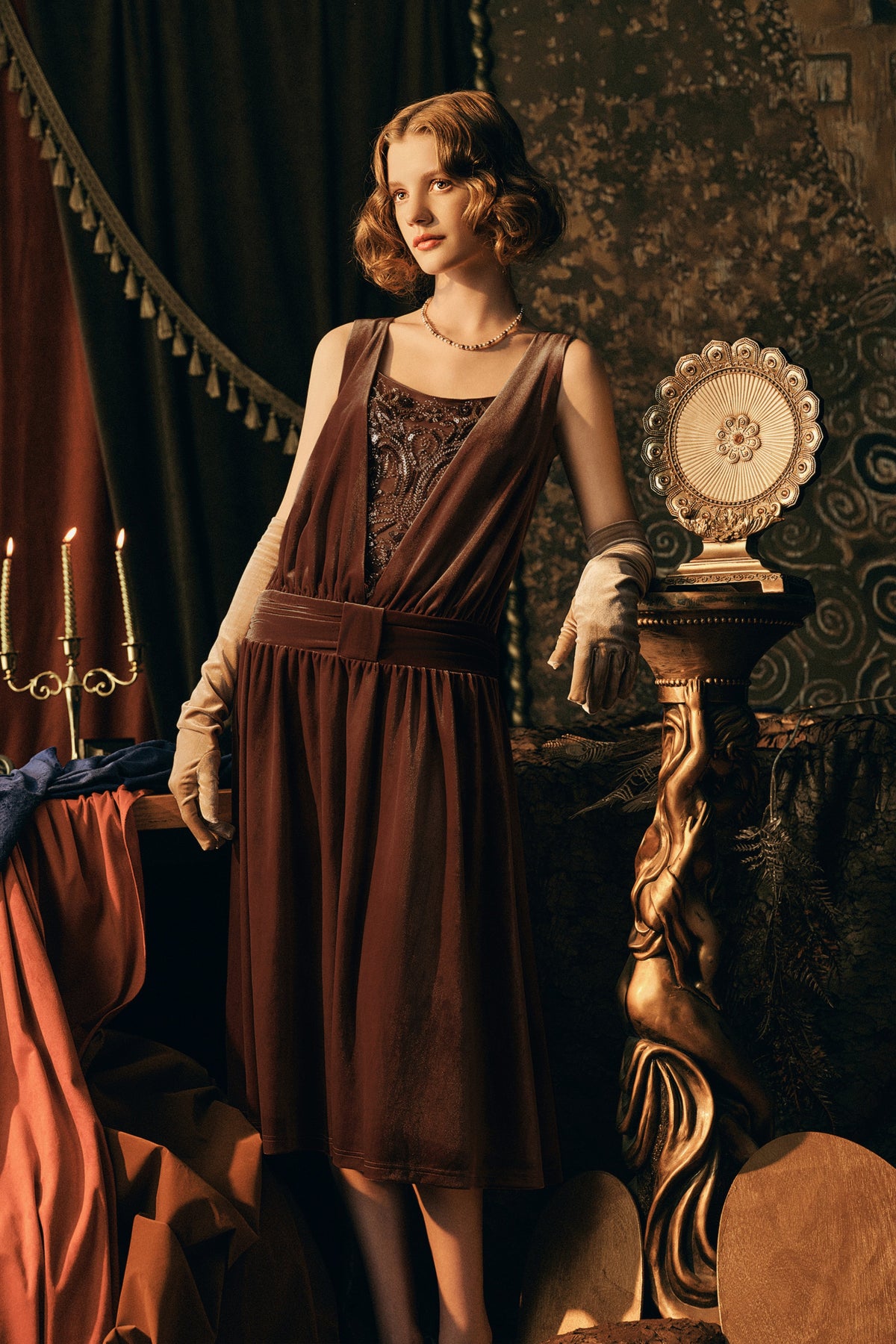Vintage Velvet Pleated Waist Belt Plus Size Dress