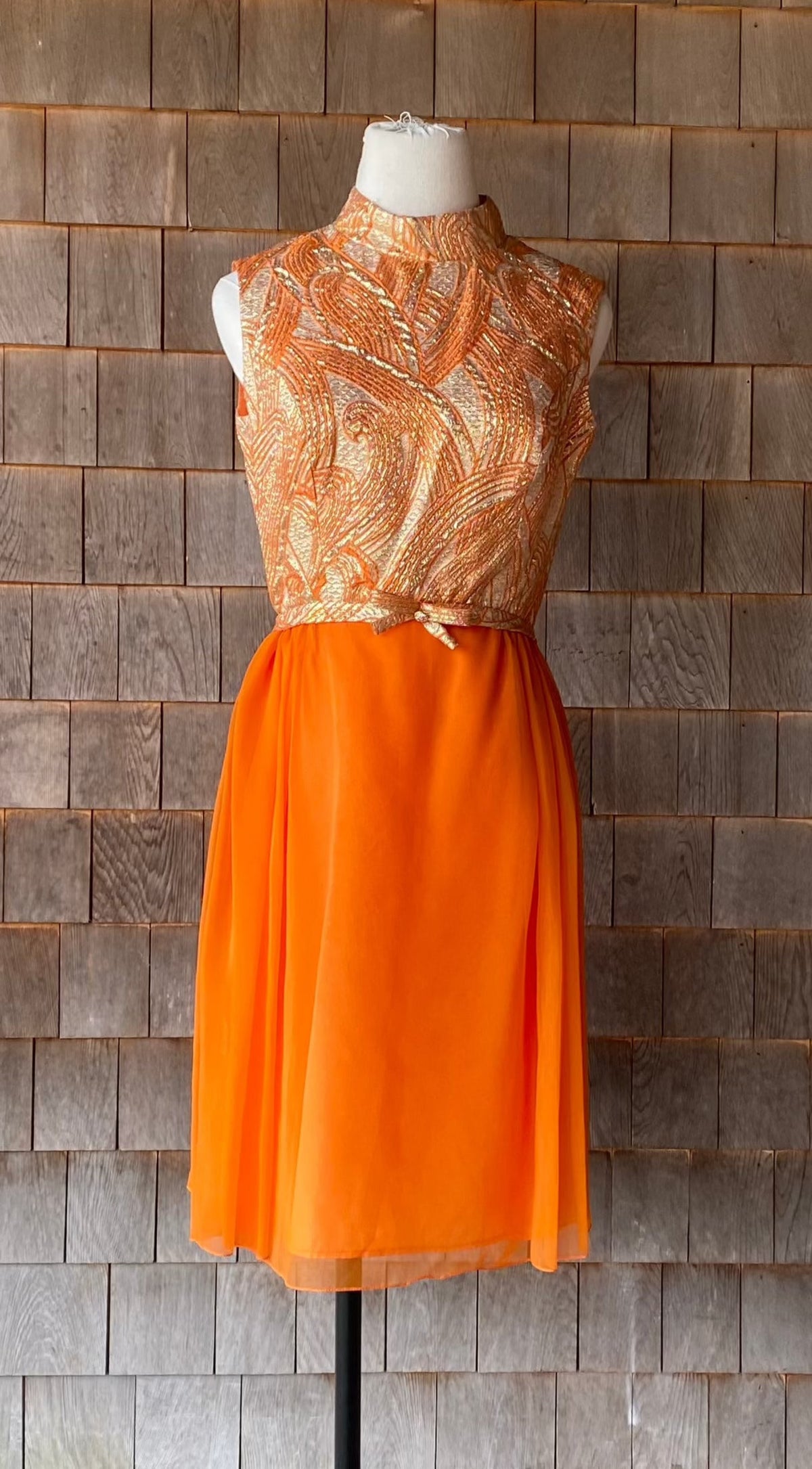 Vintage Late 1960s Gold Lame & Orange Cocktail DressVintage Late 1960s Gold Lame & Orange Cocktail Dress