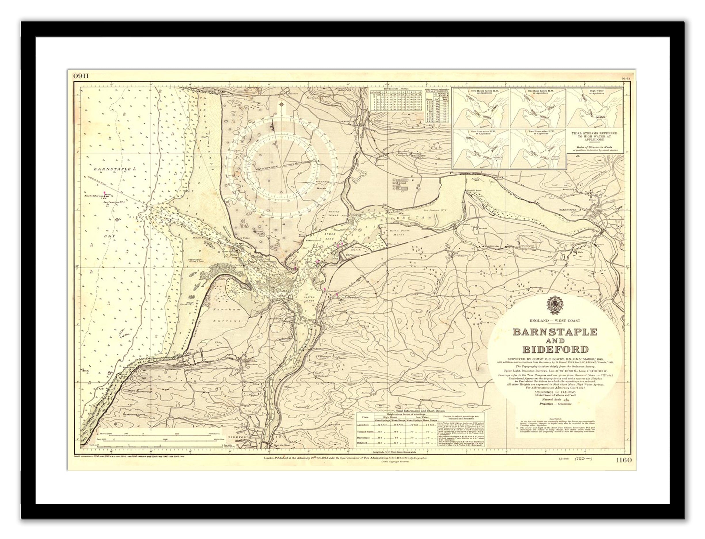 A vintage nautical map framed in black, showing the Barnstable to Bideford area.