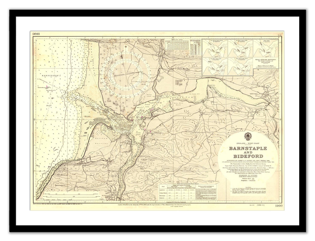 A vintage nautical map framed in black, showing the Barnstable to Bideford area.