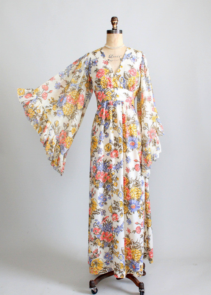 Vintage 1960s Bell Sleeve Floral Festival Maxi Dress