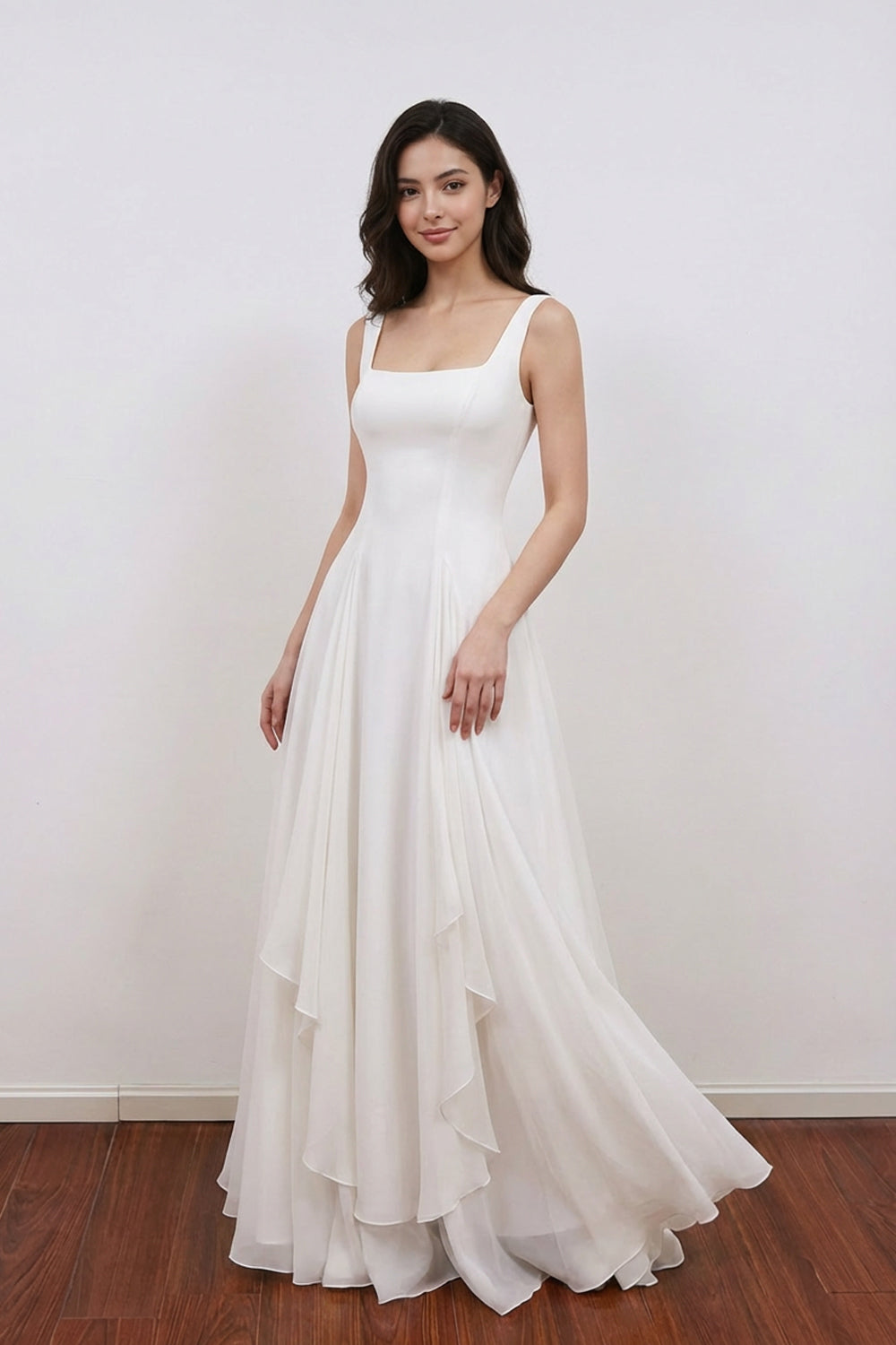 Vintage & Classic Ivory Square Neck Chiffon Evening Dress Prom Dress-Pgmdress
