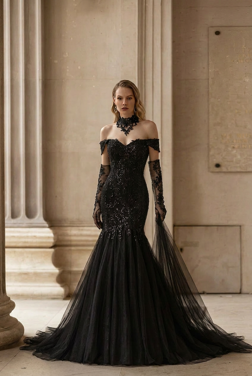 Vintage Inspired Gothic Black Lace Beaded Mermaid Wedding Dress Plus Size
