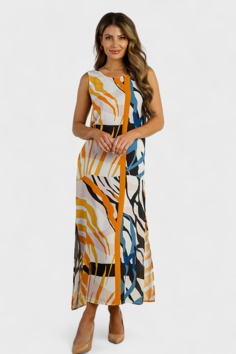 Violante Safari Print Sleeveless Shift Maxi Dress by Annare Italian Women's Clothing