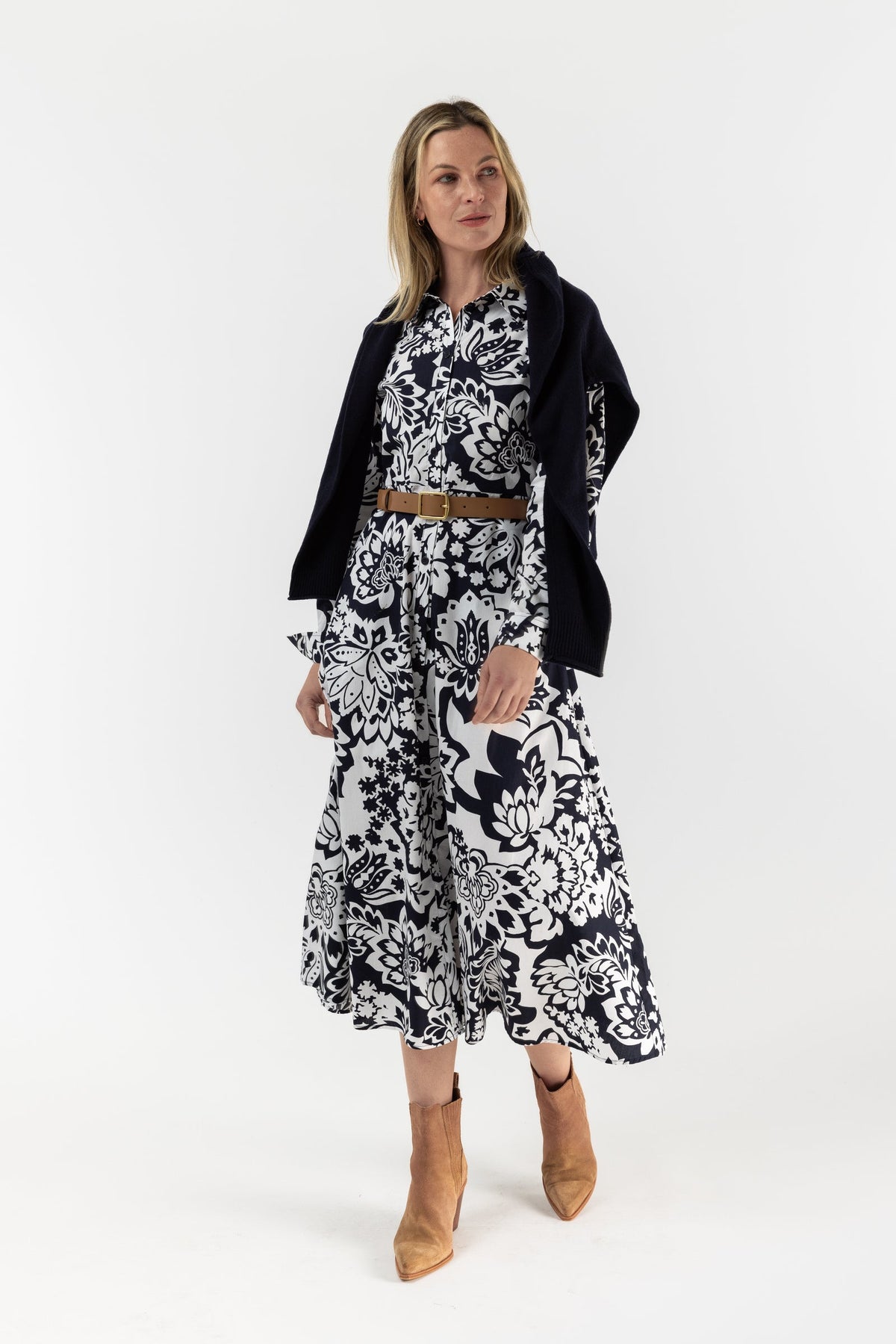 Goondiwindi Cotton Dresses Cotton A-Line Long Sleeve Belted Dress - Lotus Print