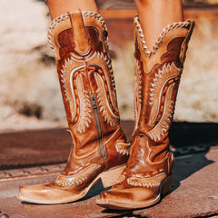 Cognac multi WAYNE western boots with laser-cut leather detailing, snip toe, and symmetrical pull straps.