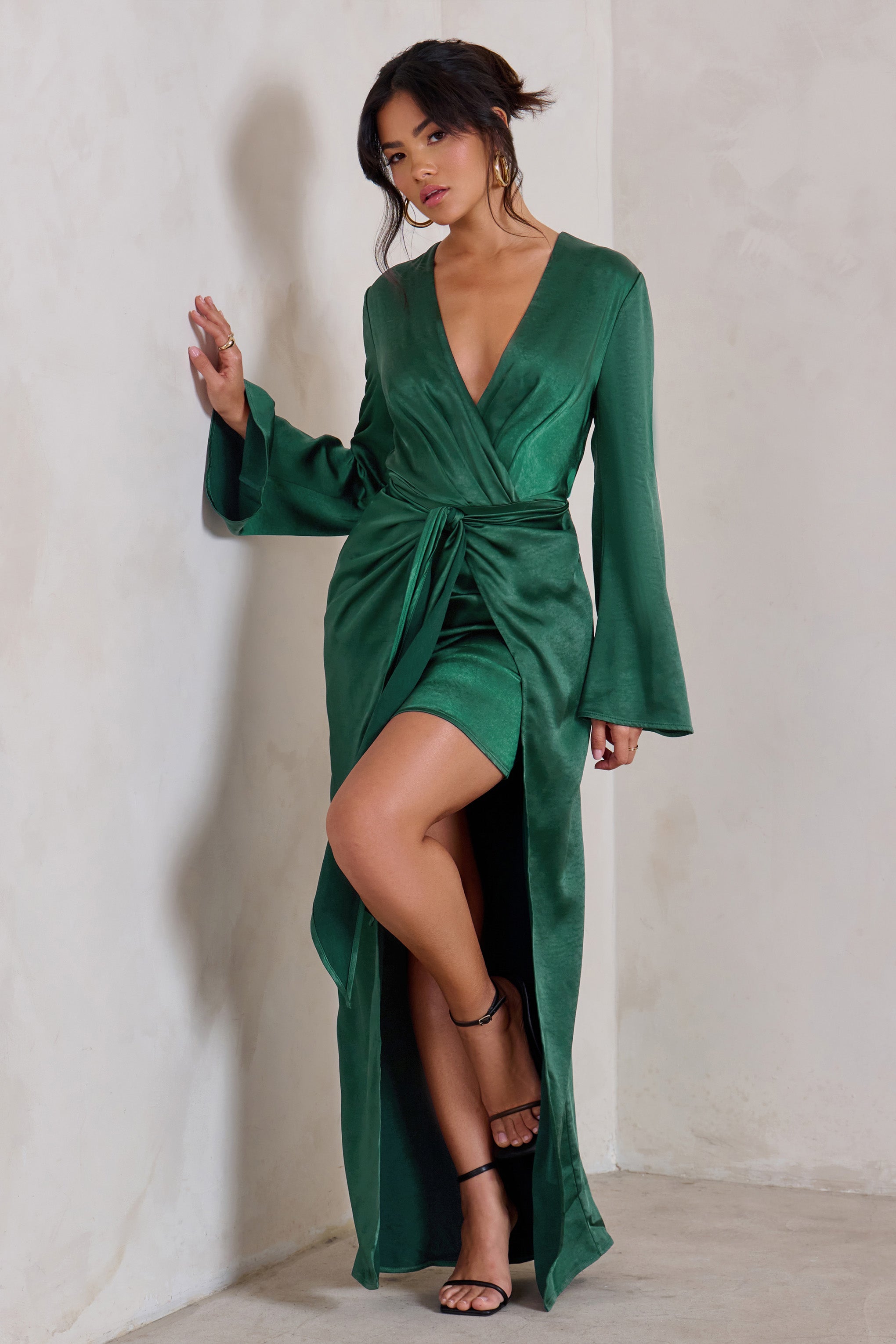 Patricia | Green Extreme Plunge Long Sleeve Maxi Dress With Tie Detail - Club L London - USA