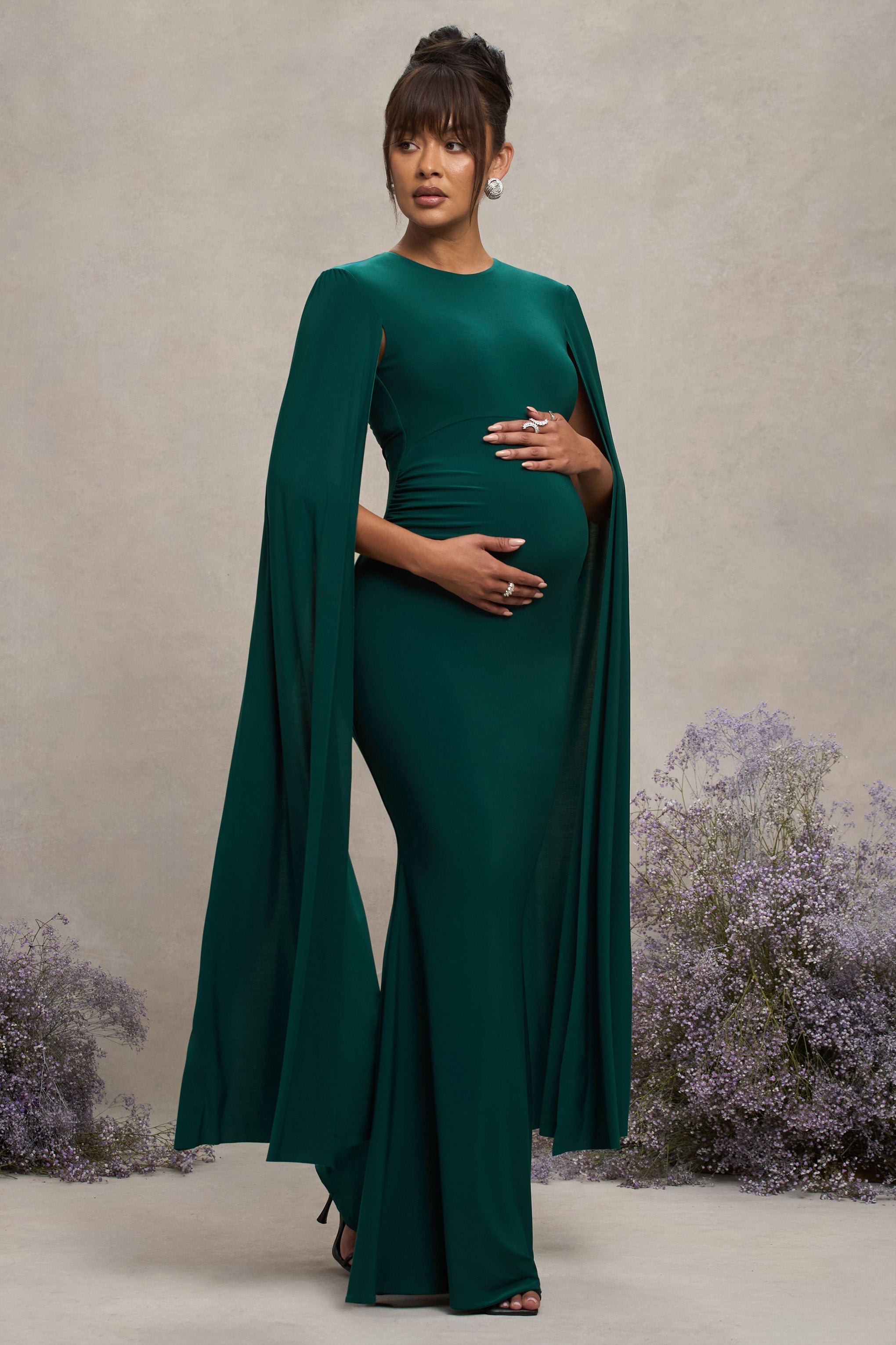 Divine Timing | Bottle Green Maternity Maxi Dress With Cape Sleeves - Club L London - USA