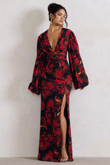 Casarile | Red Floral Print V-Neck Balloon Sleeve Maxi Dress - Club L London - USA