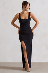 Kate | Black Square Neck Maxi Dress with Plunge Back and Side Thigh Split - Club L London - USA