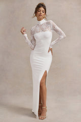 Arden | White High-Neck Split Maxi Dress With Lace Sleeves - Club L London - USA