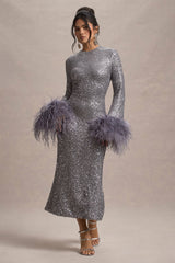 North Star | Silver Sequin Long-Sleeve Midi Dress With Feather Cuffs - Club L London - USA