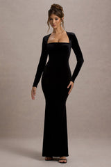 Morana | Black Velvet Square-Neck Long-Sleeve Maxi Dress - Club L London - USA