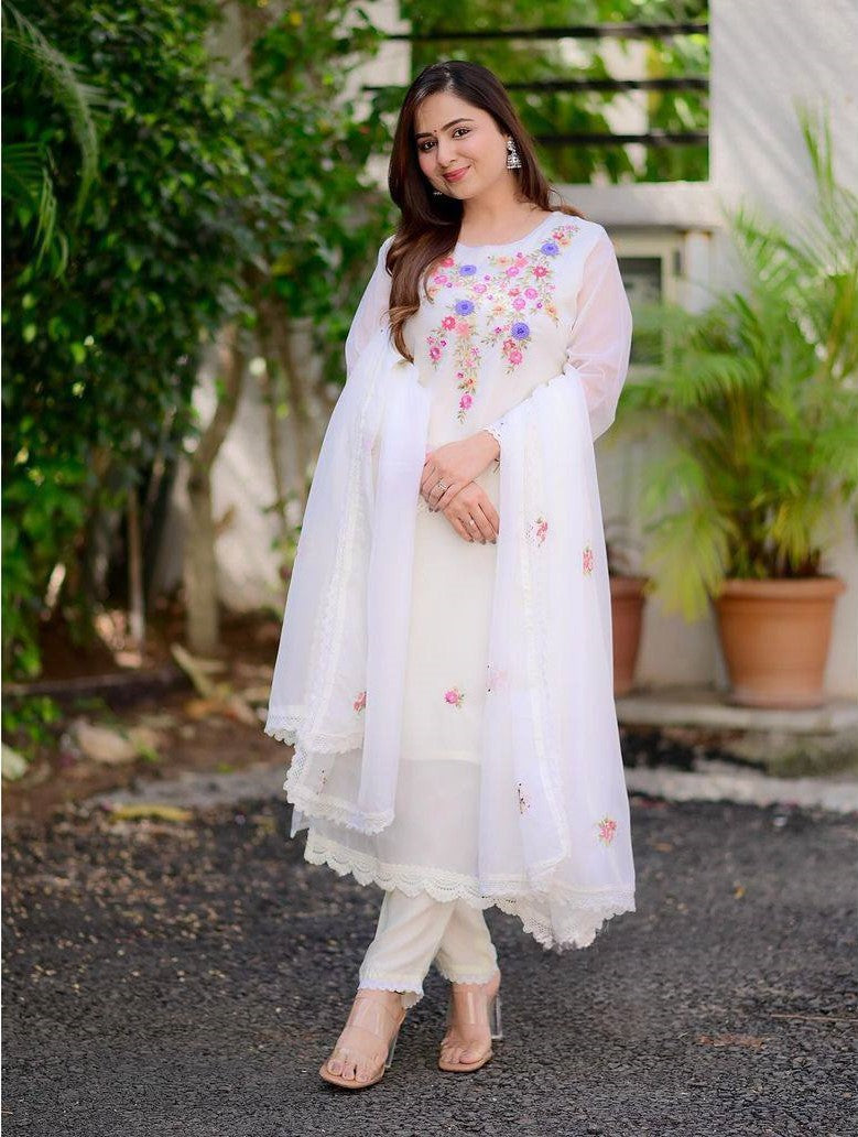 Women Party Wear Embroidery Worked Kurta With Pant And Duppata Set