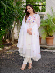 Women Party Wear Embroidery Worked Kurta With Pant And Duppata Set