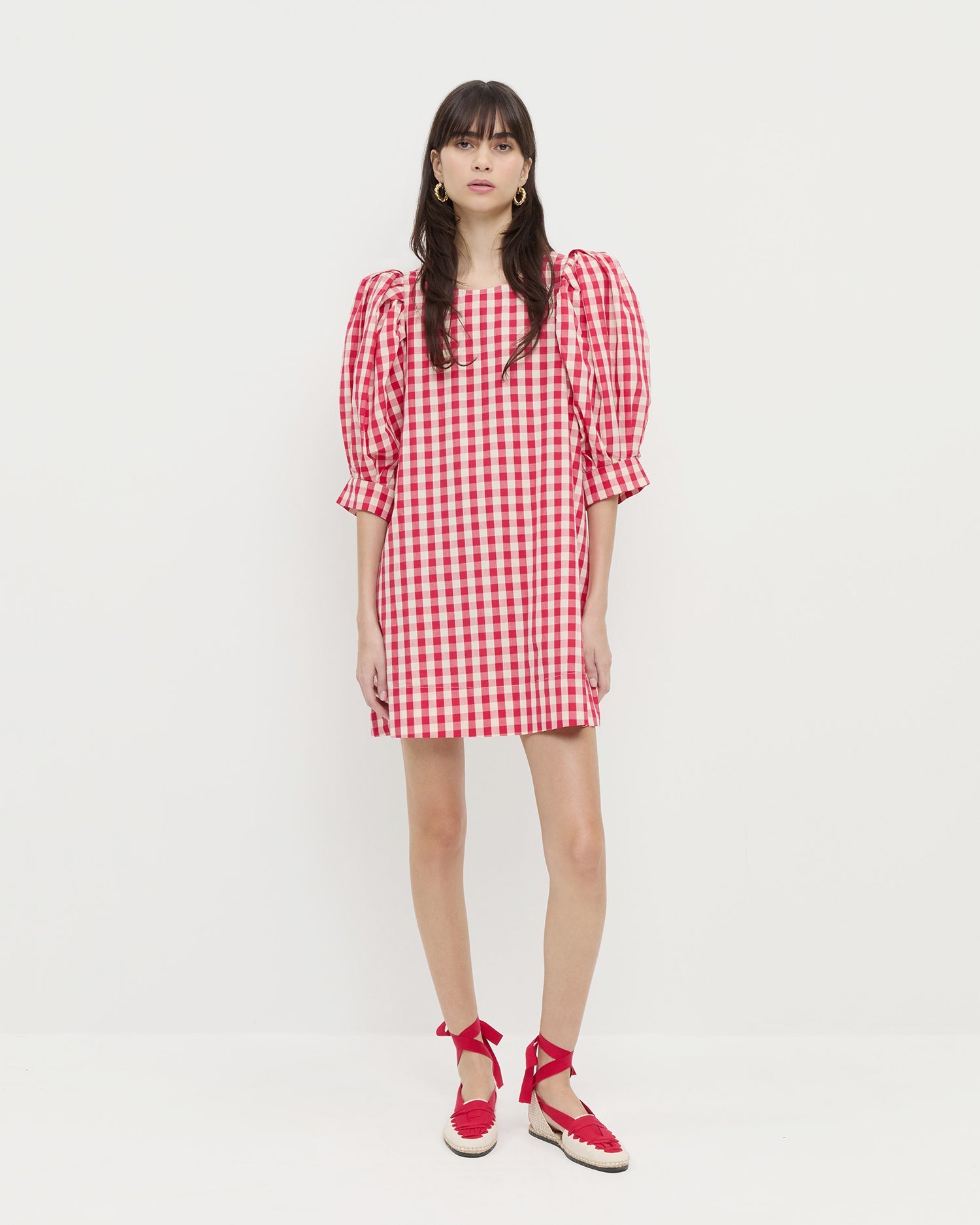 Willy Mini Dress in red gingham cotton and Wilson Natural/Red Espadrille.
