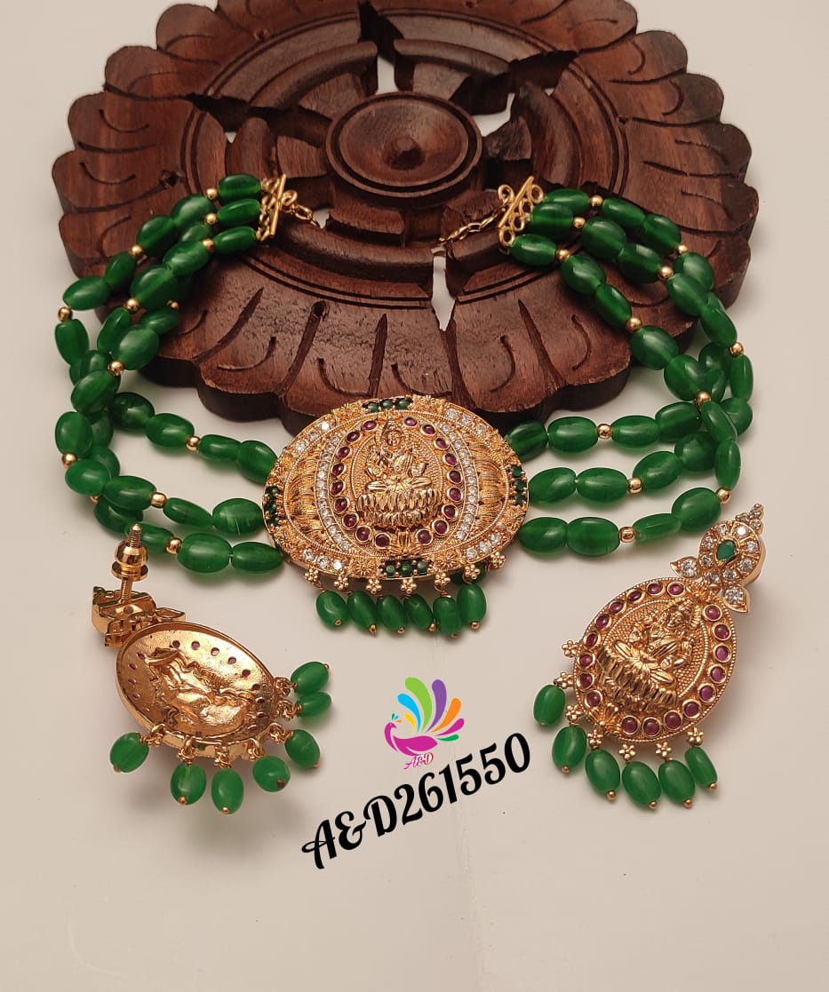 GREEN COLOR BEADS LAKSHMI GOLD FINISH CHOKER NECKLACE SET FOR WOMEN -SAYDCNG001