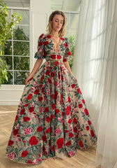 Colorful rose A-Line dress with v-neck, floral and short sleeves
