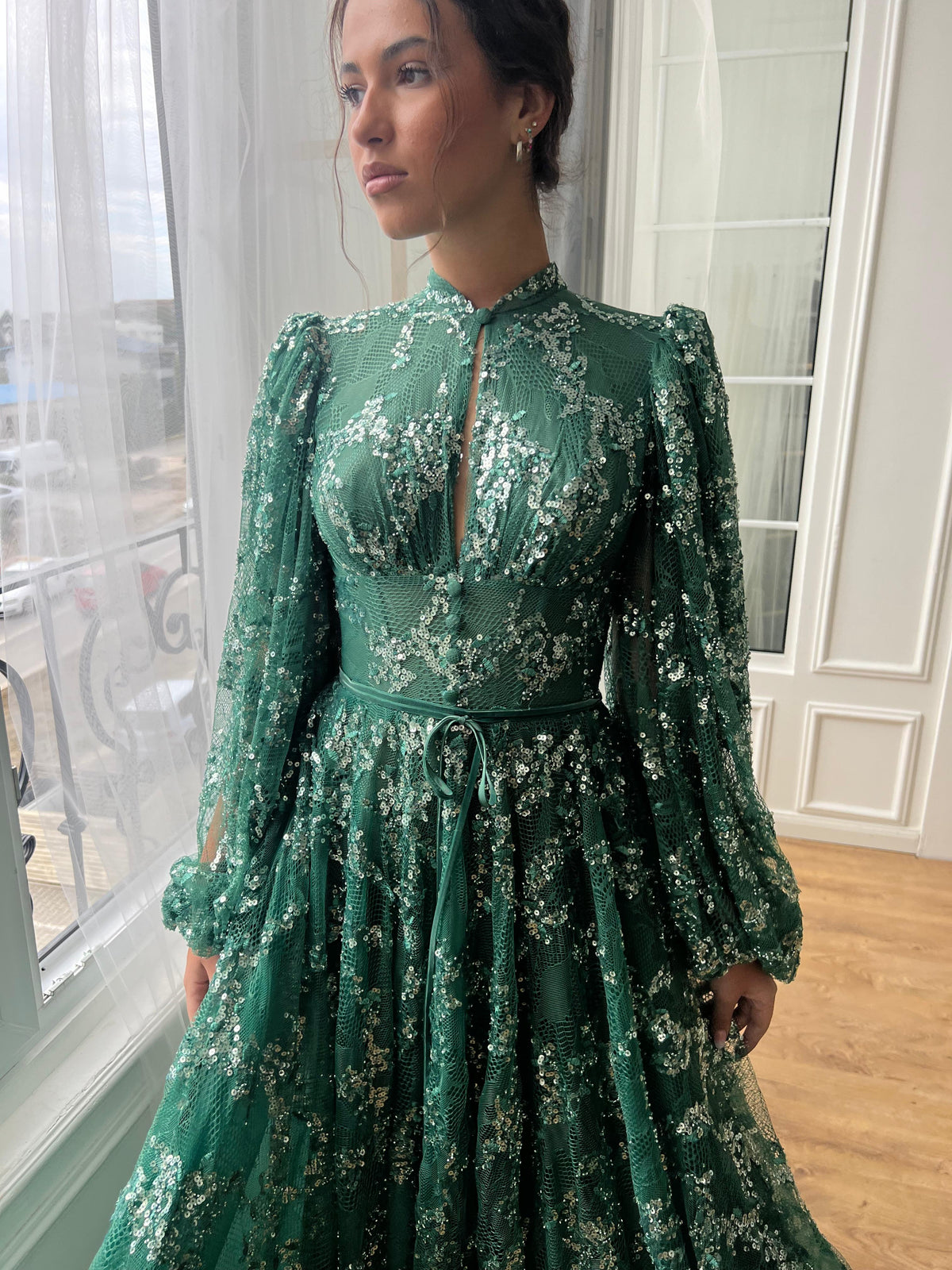 Green A-Line dress with long sleeves, sequins and embroidery