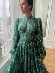 Green A-Line dress with long sleeves, sequins and embroidery