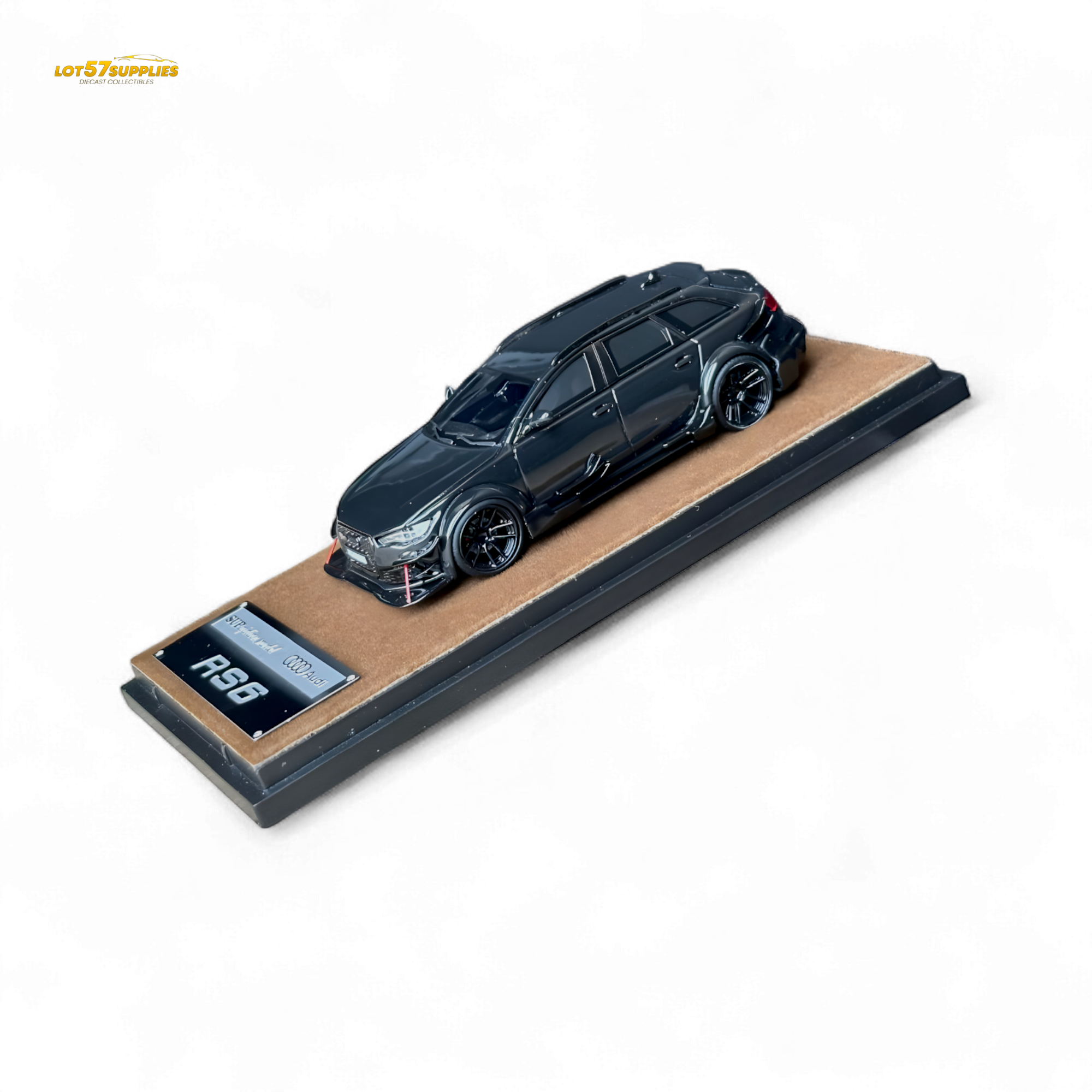 Black Qidian model Audi RS6 Avant (C7) wide-body diecast car in 1:64 scale, detailed black finish, displayed from a front angle.