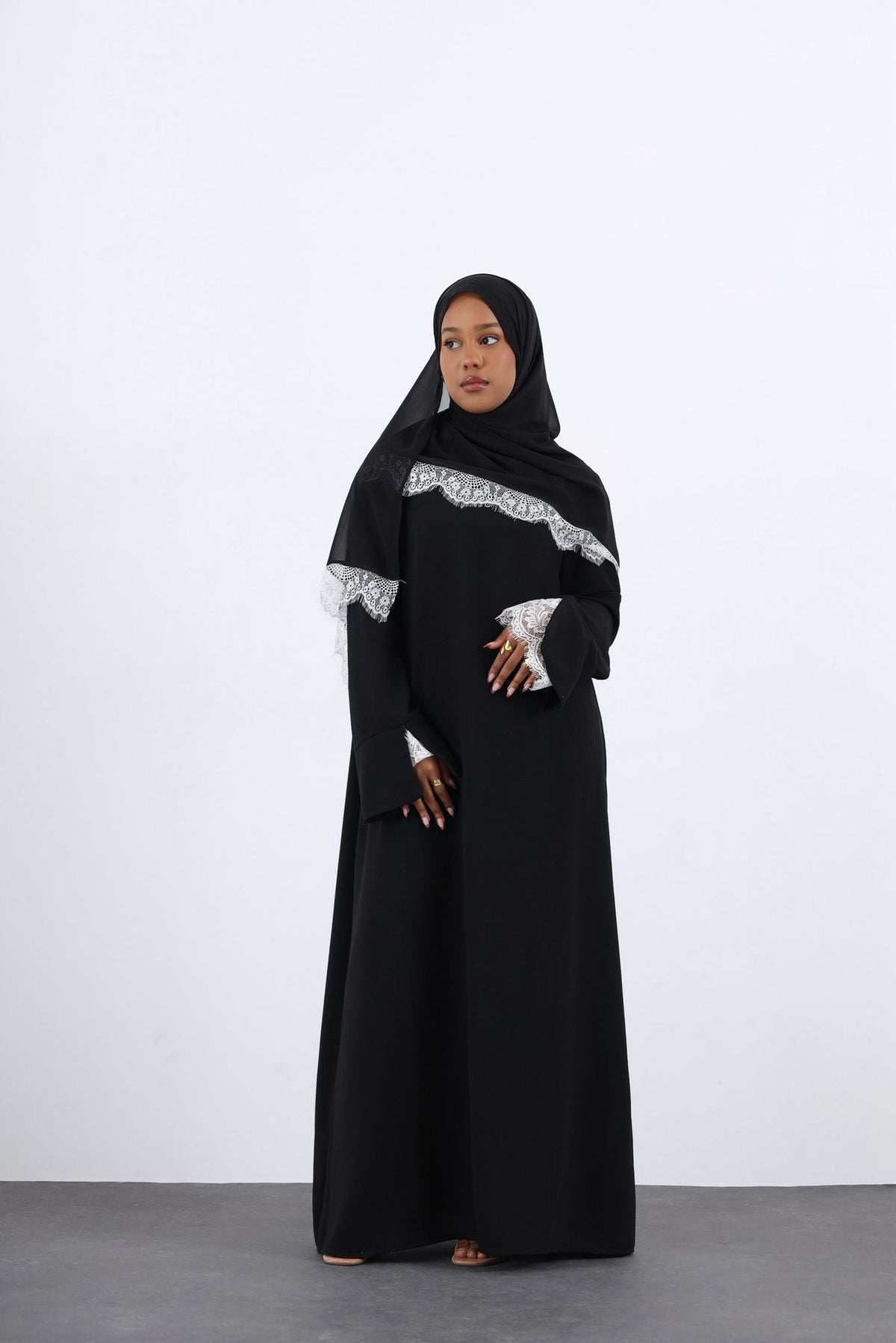 Lace Crepe Abaya-BLACK