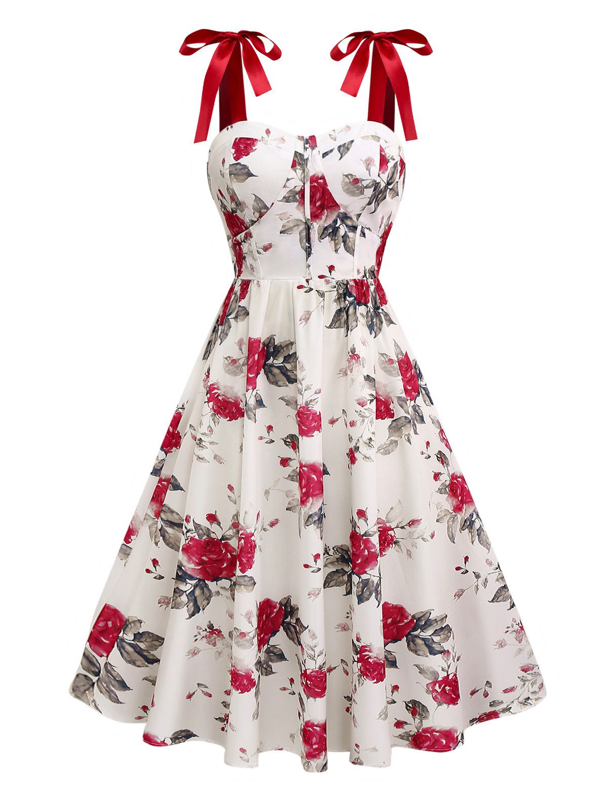 She slips into this White 1950s Rose Print Lace-Up A-Line Dress and suddenly it's a 1950s daydream