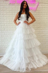 White Tulle Tiered A-line Strapless Prom Dresses, Party Dress With Ruffles, MP802 | white prom dress | simple prom dress | long prom dress | musebridals.com