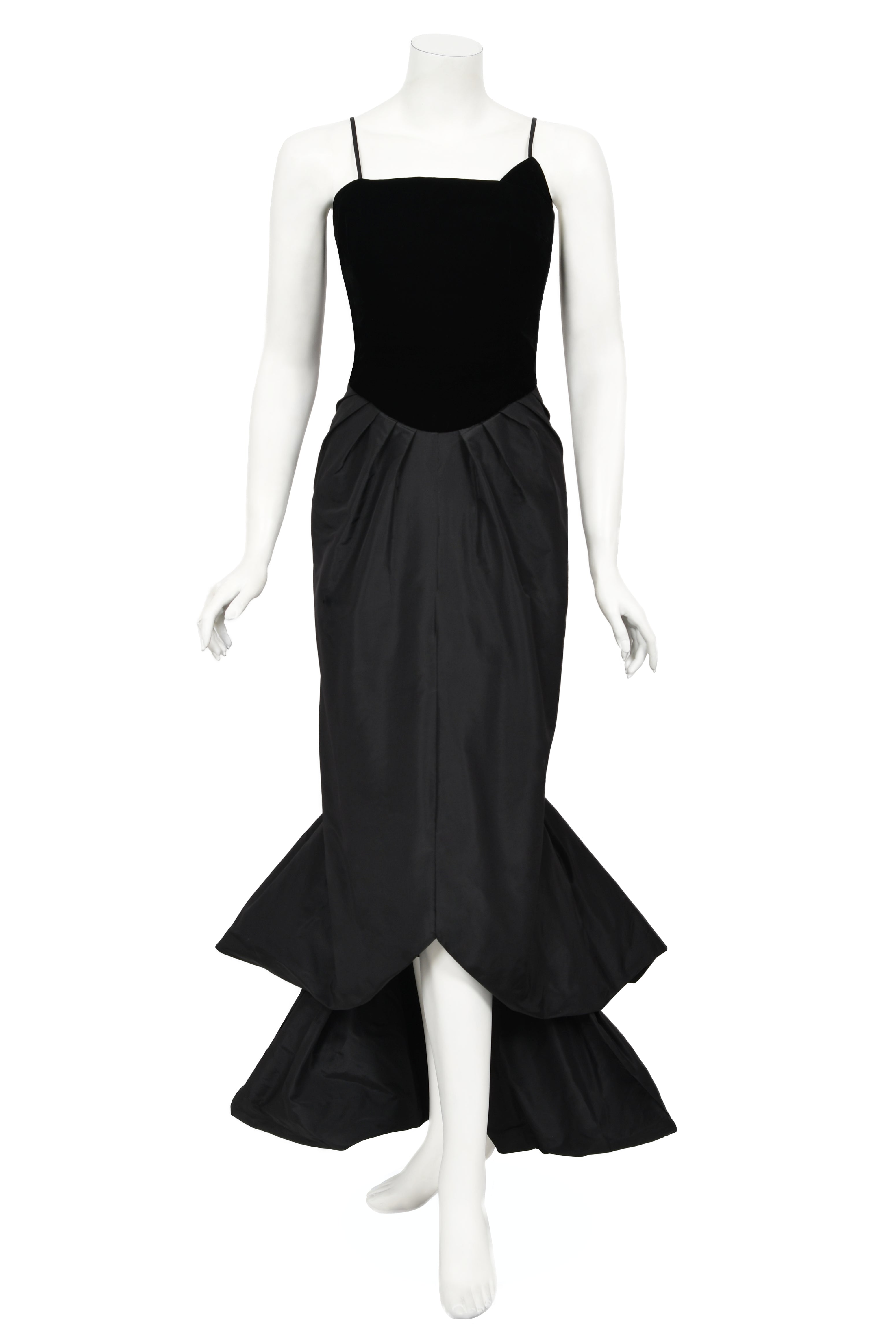 1958 Philip Hulitar 'Old Hollywood' Black Silk & Velvet Hourglass Fishtail Dress