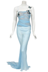 1998 Dolce & Gabbana 'Stromboli Collection' Hand-Painted Butterflies Blue Silk Corset Gown