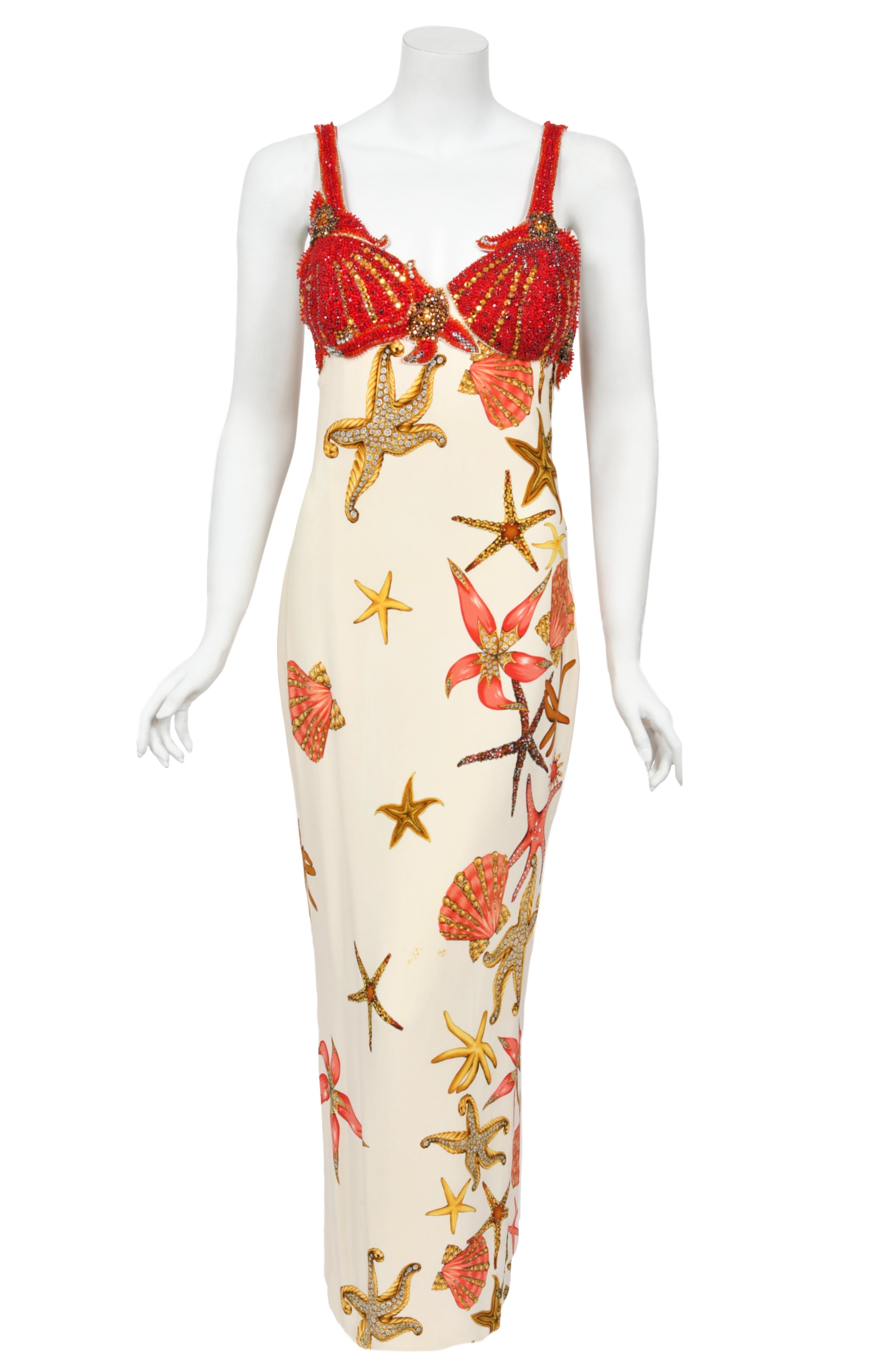 1992 Gianni Versace Iconic Crystal Beaded 'Seashell' Print Silk Hourglass Gown