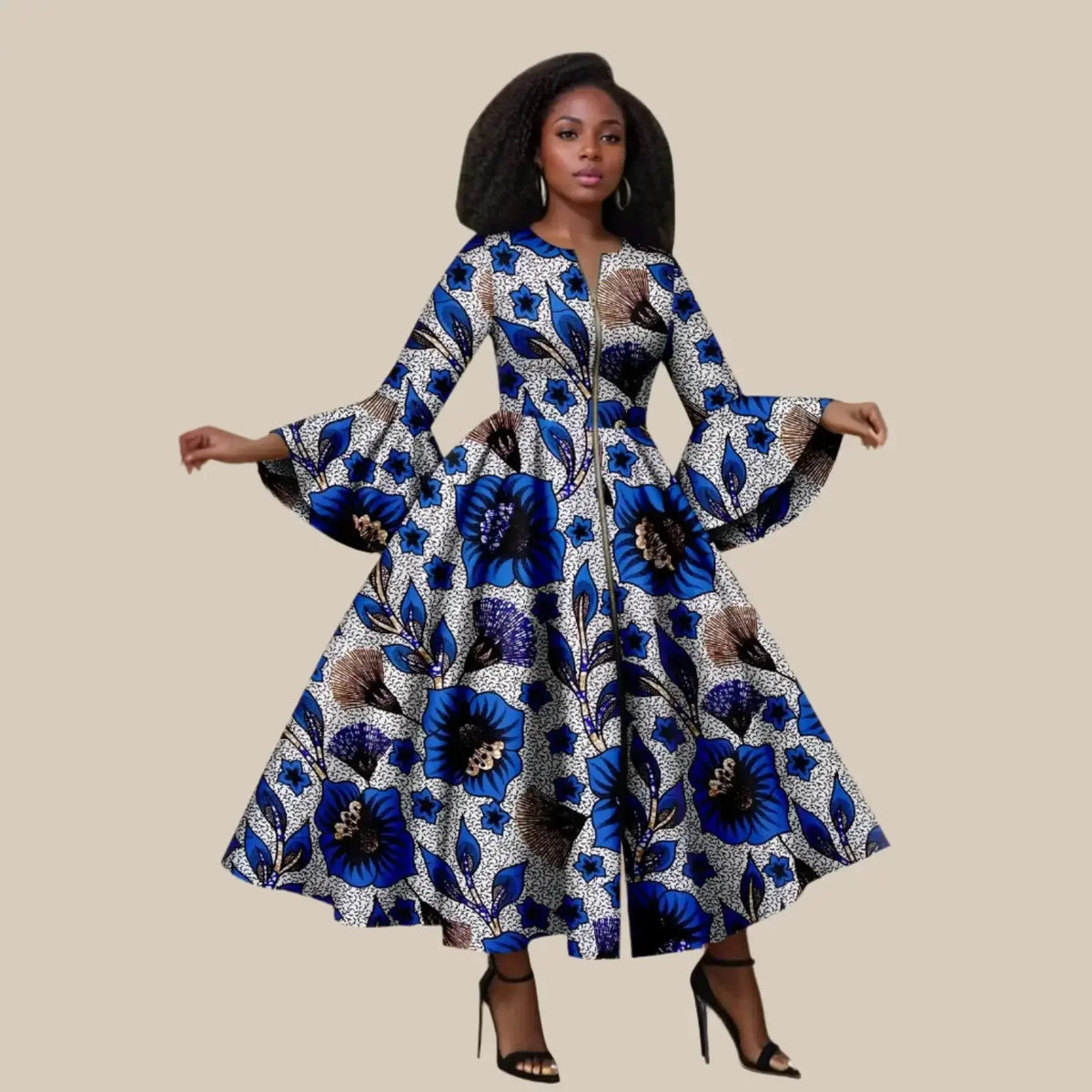 White Ankara Maxi Dress  With Blue Flowers and Details– Bell Sleeves & Zipper Detail