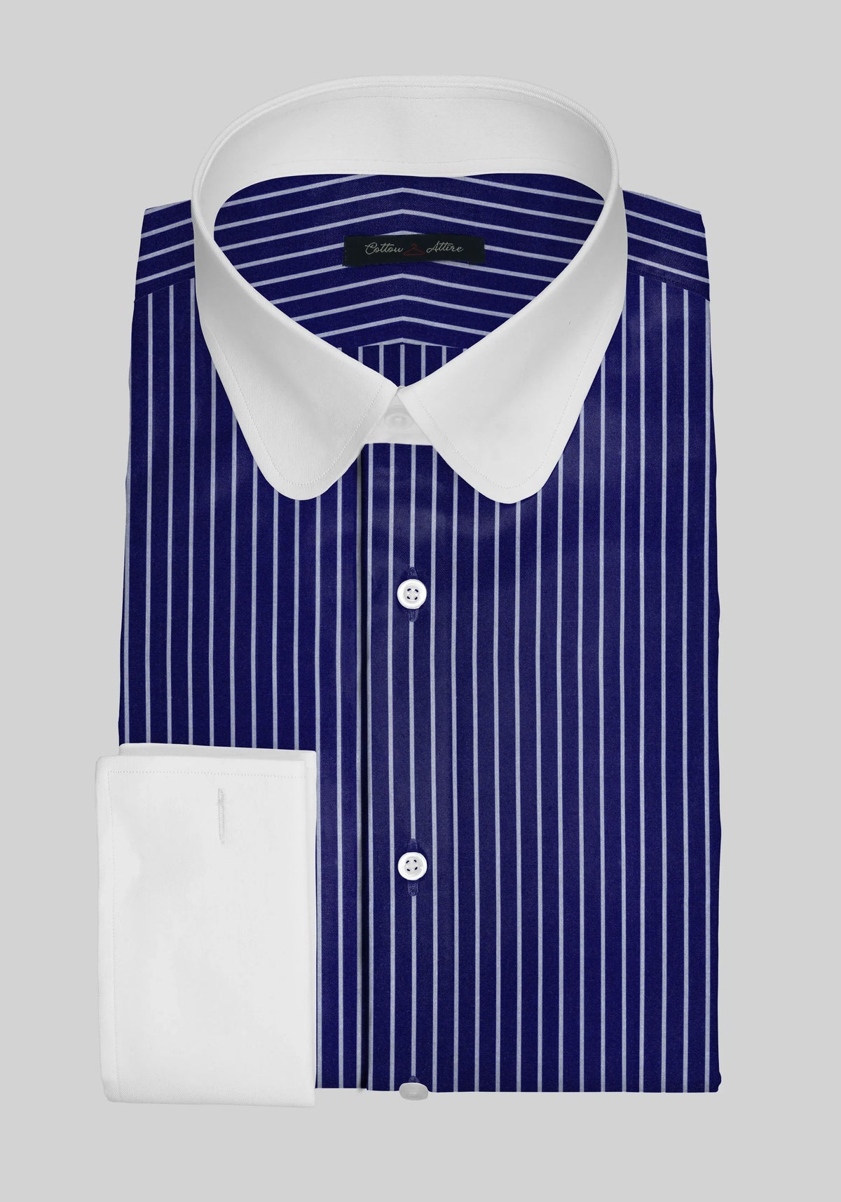 White Contrast Club Collar Dress Shirt - Blue Chalk Stripes Cotton