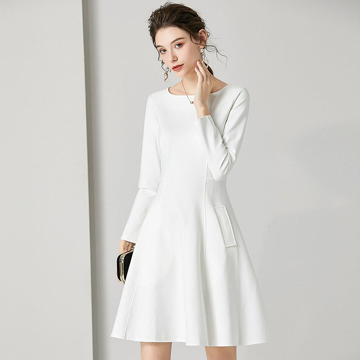 White Long Sleeve Fit & Flare Cocktail Dress Vivian Seven