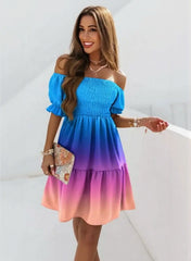 Women’s off shoulder smocked summer dress by WestCloset front view