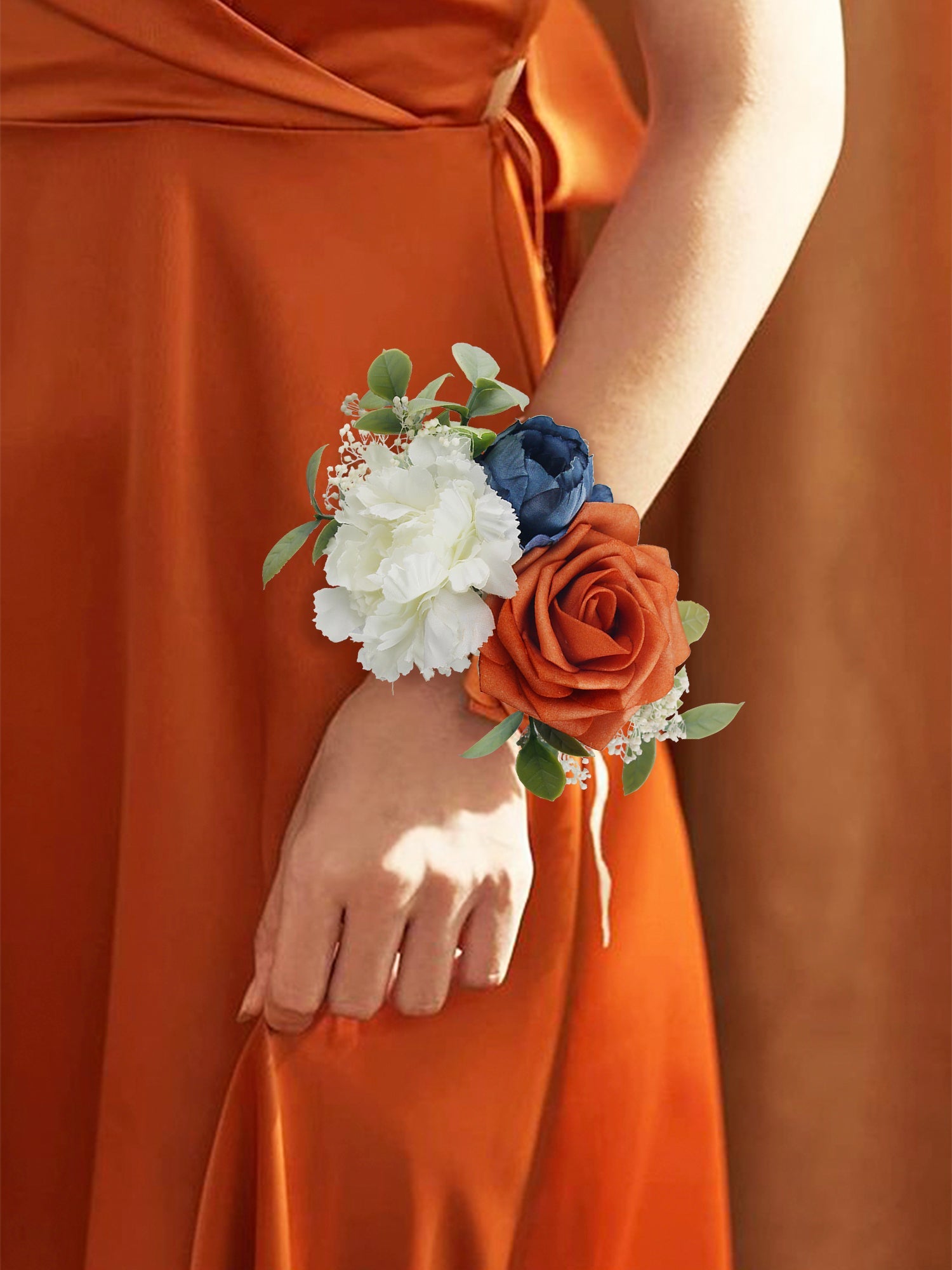 Navy Blue & Burnt Orange Wrist Corsage - Rinlong Flower