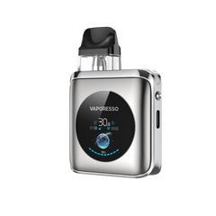 VAPORESSO XROS 4 Nano pod vape in silver, featuring a black display screen and black pod. 30W MAX output.