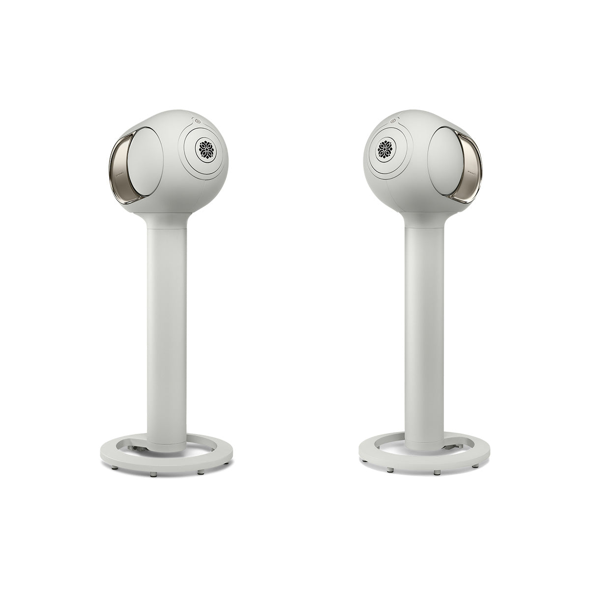 Devialet Phantom Ultimate 108 dB High-End Connected Speaker - Light Pearl - pair of speakers on Devialet Tree stand facing inward