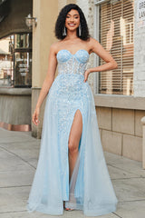 Charming A Line Sweetheart Blue Corset Beaded Long Prom Dress with Slit