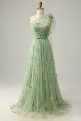 Green A-Line One Shoulder Long Tulle Prom Dress With Embroidery