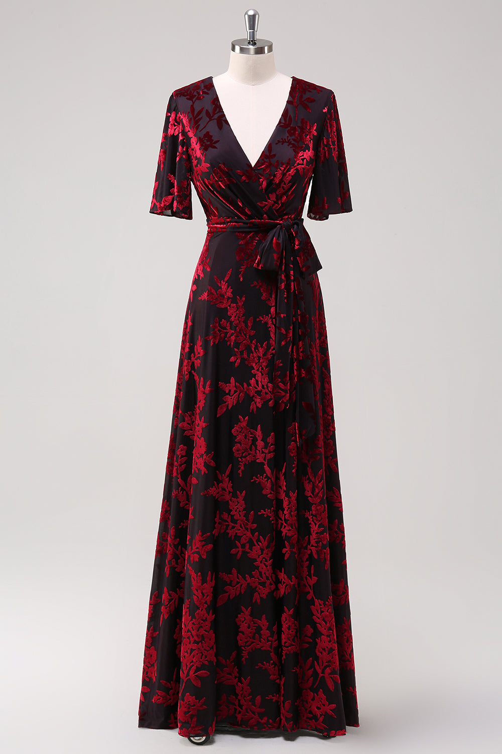 Burgundy Burnout Velvet A-Line V Neck Maxi Dress with Short Sleeves