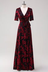 Burgundy Burnout Velvet A-Line V Neck Maxi Dress with Short Sleeves