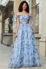 Blue A-Line Off The Shoulder Floral Print Pleated Tulle Prom Dress