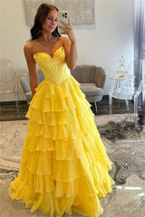 Yellow Chiffon Tiered A Line Sweetheart Corset Prom Dresses With Slit, MP1093 | simple prom dress | prom dress yellow | long prom dresses online | musebridals.com