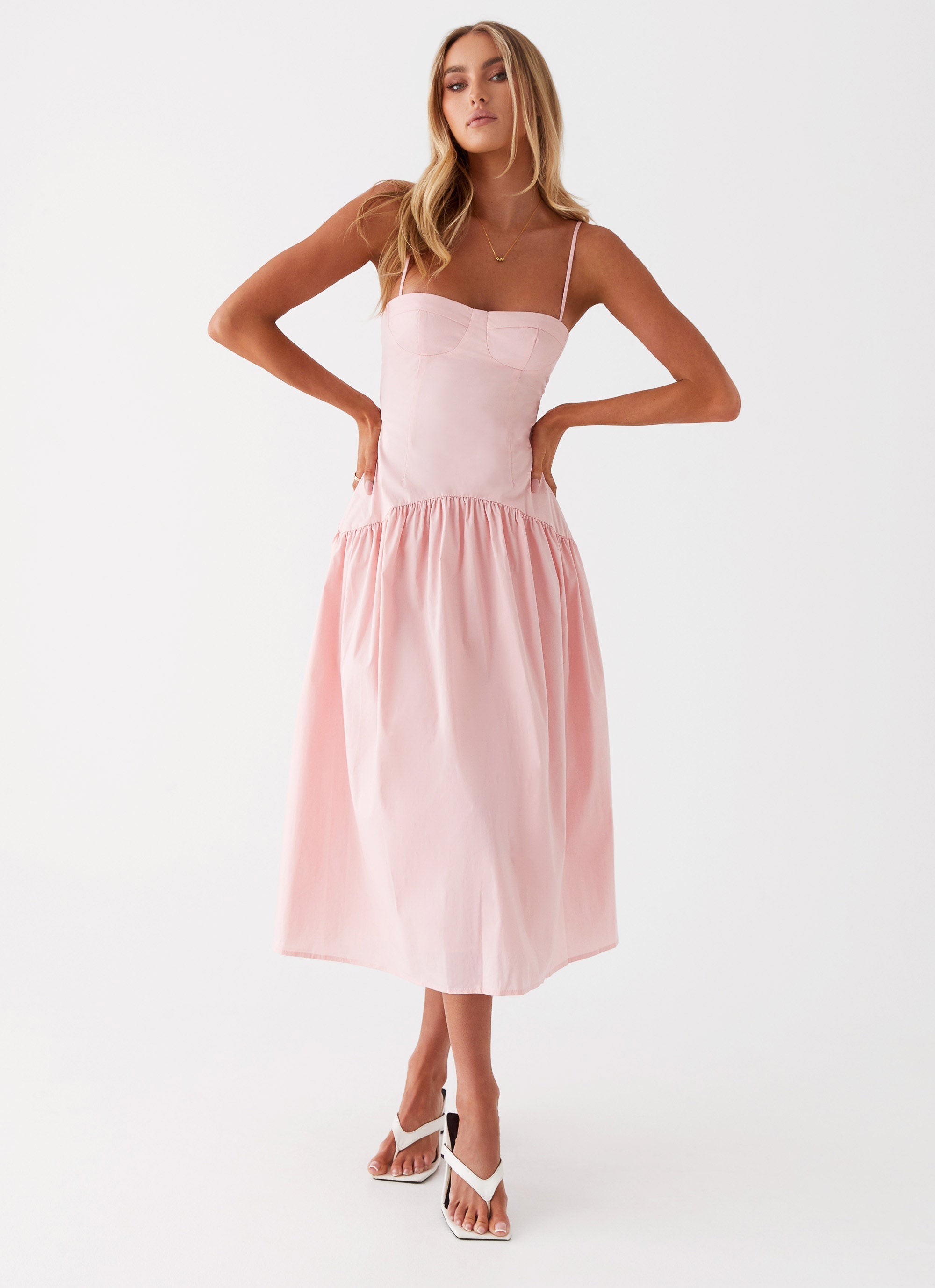 Womens Yvette Corset Midi Dress in the colour Pink in front of a light grey background