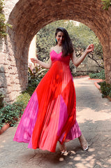 Red and pink colour blocked heat pleated dress