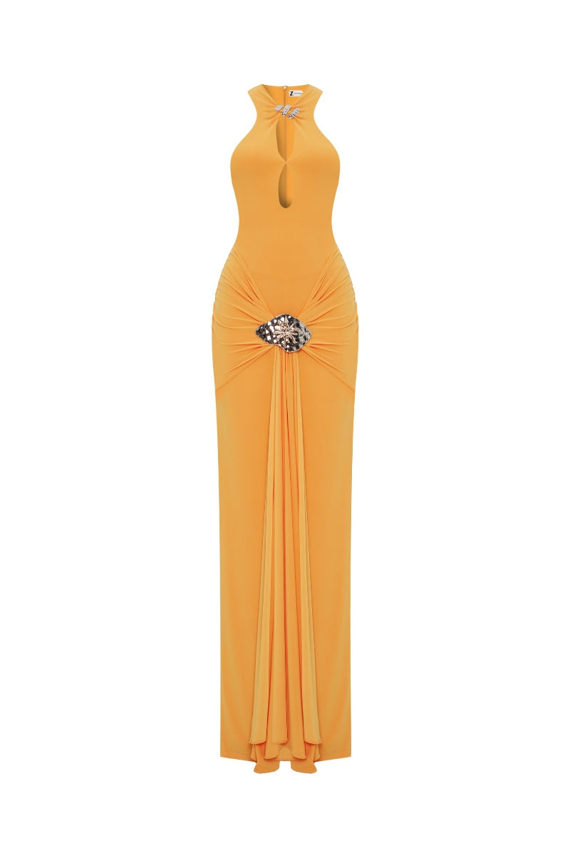 Yellow SUN CHASER maxi dress by Zeynep Tosun, front view showcasing flowy fabric and elegant design.