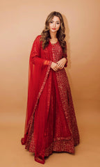 Zadie Red Long Dress: cotton-silk, gold floral print, embroidered neckline, net drape.
